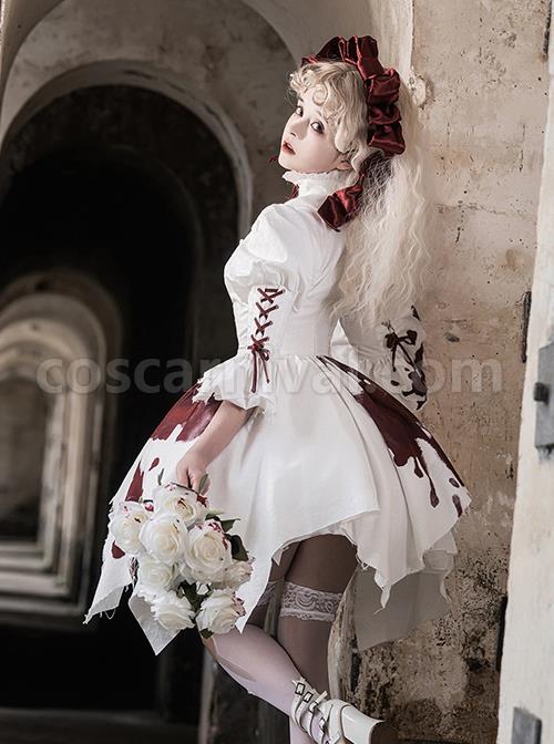 Romeo Series Lacing Stand Collar Chest Hollow Irregular Hem Bloody Gothic Lolita Mid-Sleeved Dress coscarnival