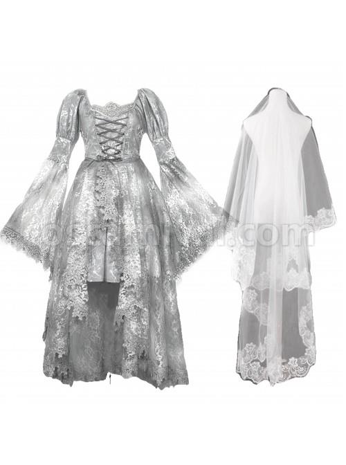 Rose Funeral Series White Gothic Lolita Dirty Dyed Heavy Workmanship Lace Halloween Court Classic Gray Dress coscarnival
