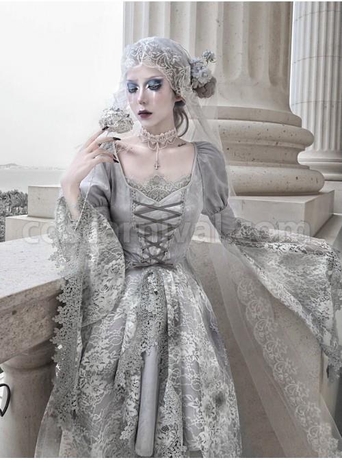 Rose Funeral Series White Gothic Lolita Dirty Dyed Heavy Workmanship Lace Halloween Court Classic Gray Dress coscarnival