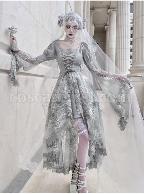 Rose Funeral Series White Gothic Lolita Dirty Dyed Heavy Workmanship Lace Halloween Court Classic Gray Dress coscarnival