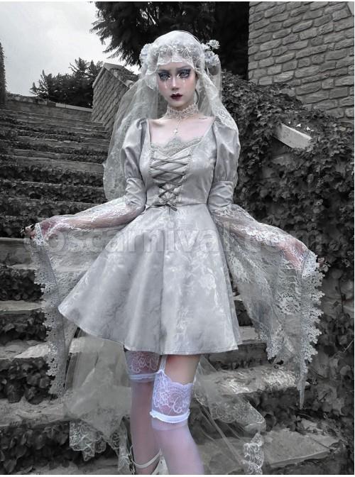 Rose Funeral Series White Gothic Lolita Dirty Dyed Heavy Workmanship Lace Halloween Court Classic Gray Dress coscarnival