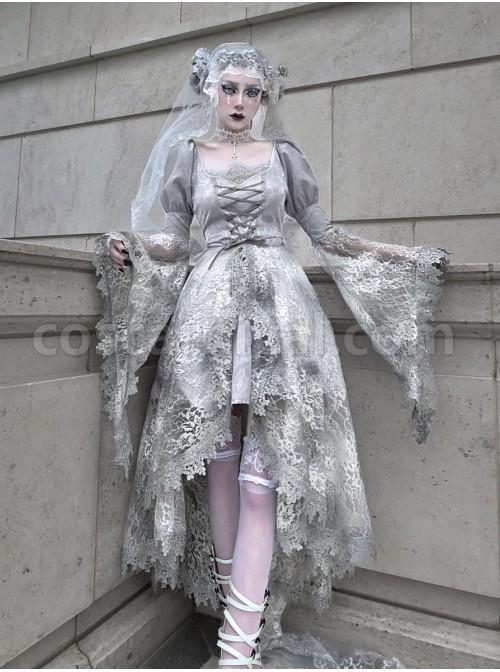 Rose Funeral Series White Gothic Lolita Dirty Dyed Heavy Workmanship Lace Halloween Court Classic Gray Dress coscarnival