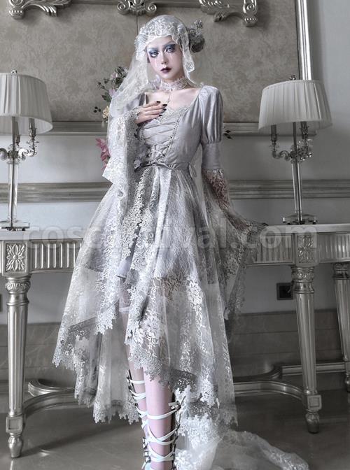 Rose Funeral Series White Gothic Lolita Dirty Dyed Heavy Workmanship Lace Halloween Court Classic Gray Dress coscarnival