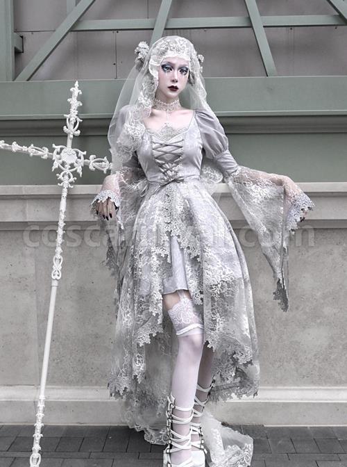 Rose Funeral Series White Gothic Lolita Dirty Dyed Heavy Workmanship Lace Halloween Court Classic Gray Dress coscarnival