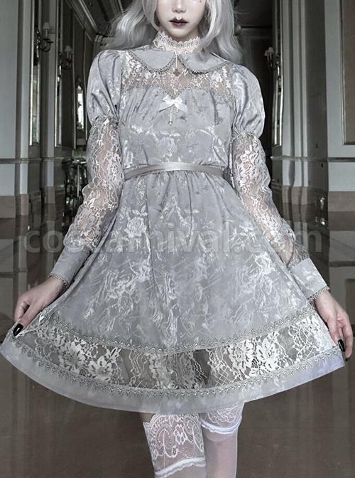 Rose Funeral Series White Gothic Lolita Dirty Dyed Jacquard Cute Doll Collar Long Sleeve Dress coscarnival