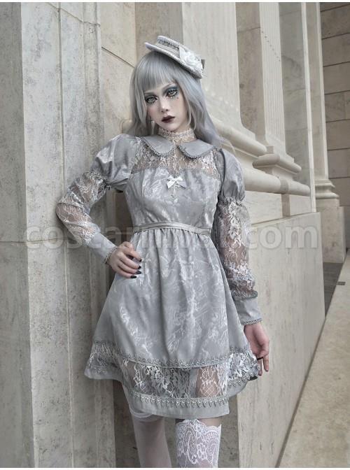Rose Funeral Series White Gothic Lolita Dirty Dyed Jacquard Cute Doll Collar Long Sleeve Dress coscarnival