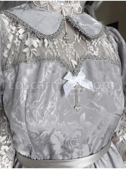 Rose Funeral Series White Gothic Lolita Dirty Dyed Jacquard Cute Doll Collar Long Sleeve Dress coscarnival