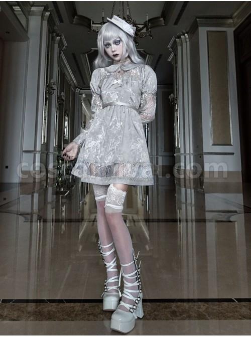 Rose Funeral Series White Gothic Lolita Dirty Dyed Jacquard Cute Doll Collar Long Sleeve Dress coscarnival
