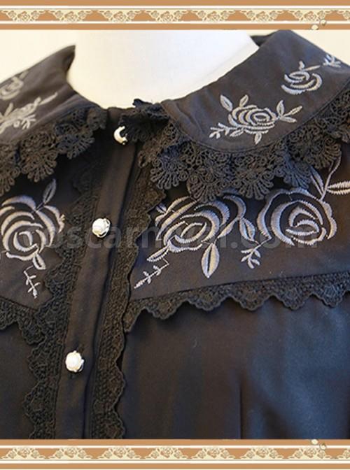 Rose Garden Series Black Thickened Chiffon Embroidery Classic Lolita Shirt coscarnival