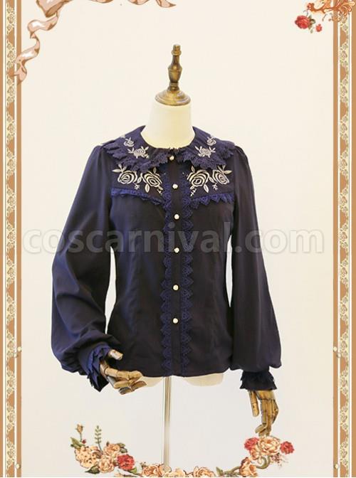 Rose Garden Series Navy Blue Thickened Chiffon Embroidery Classic Lolita Shirt coscarnival