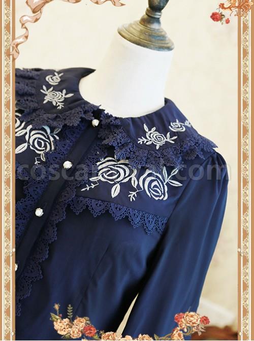 Rose Garden Series Navy Blue Thickened Chiffon Embroidery Classic Lolita Shirt coscarnival