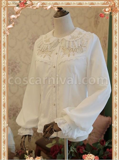 Rose Garden Series White Thickened Chiffon Embroidery Classic Lolita Shirt coscarnival