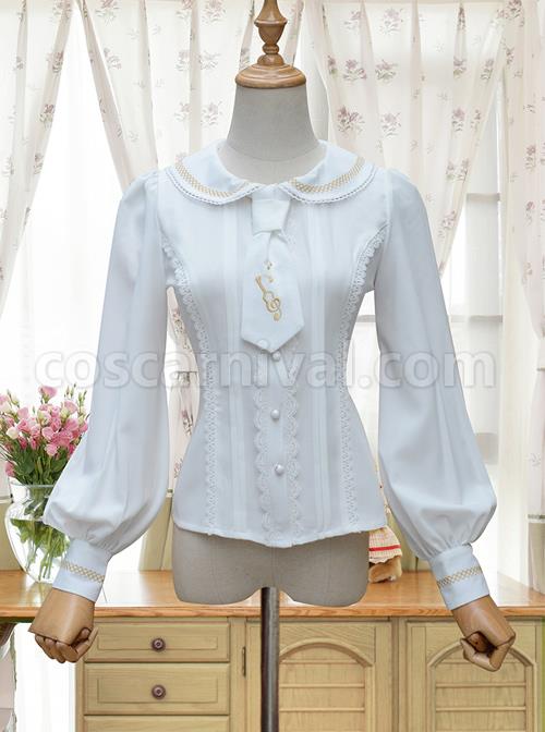Round Collar White Embroidered Slim Lolita Long Sleeve Shirt coscarnival