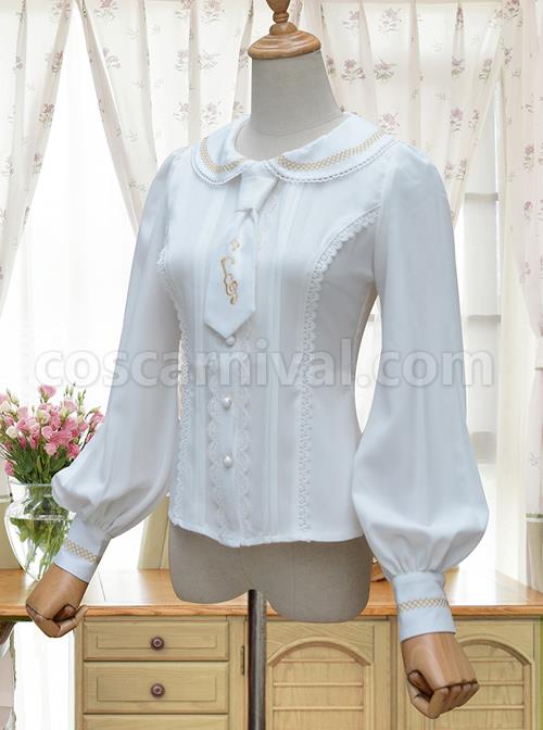 Round Collar White Embroidered Slim Lolita Long Sleeve Shirt coscarnival