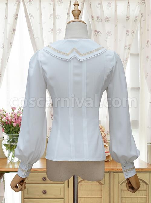 Round Collar White Embroidered Slim Lolita Long Sleeve Shirt coscarnival
