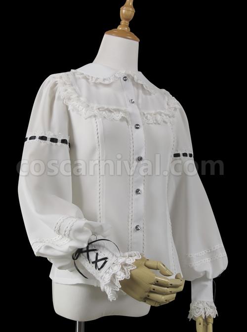 Round Neck Lantern Sleeve Long Sleeve Classic Lolita Lace Chiffon Shirt coscarnival