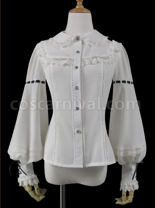 Round Neck Lantern Sleeve Long Sleeve Classic Lolita Lace Chiffon Shirt coscarnival
