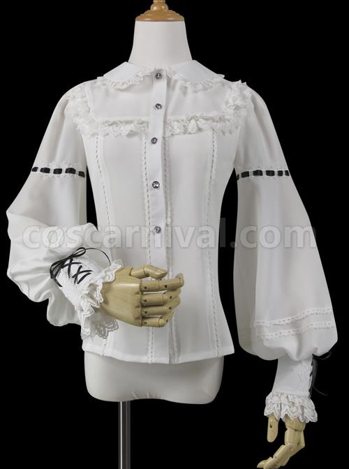 Round Neck Lantern Sleeve Long Sleeve Classic Lolita Lace Chiffon Shirt coscarnival