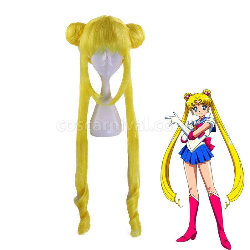 Sailor Moon Tsukino Usagi Long Straight Double Braids Lemon Yellow Blonde Cosplay Wigs coscarnival011117404