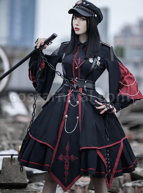Sanctioner Series OP Dark Retro Military Style Gothic Lolita Long Sleeve Dress coscarnival