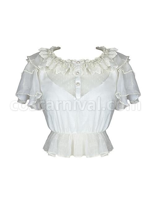 Sand Of Glass Series Lace Ruffle Neckline Classic Lolita White Short Sleeve Shirt Inside coscarnival