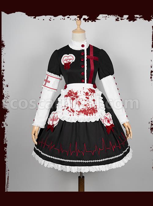 Scarlet Cross Series OP Conventional Style Halloween Nurse Blood Printing Gothic Lolita Long Sleeve Dress coscarnival