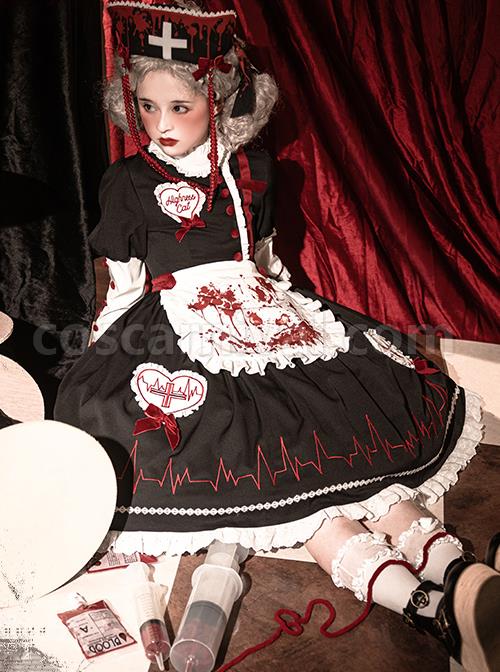Scarlet Cross Series OP Conventional Style Halloween Nurse Blood Printing Gothic Lolita Long Sleeve Dress coscarnival