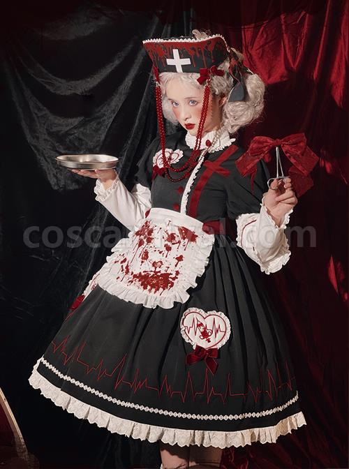 Scarlet Cross Series OP Conventional Style Halloween Nurse Blood Printing Gothic Lolita Long Sleeve Dress coscarnival
