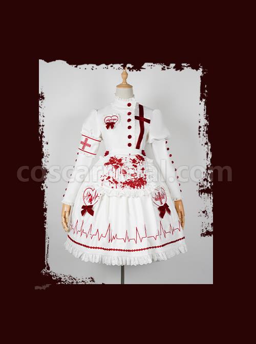 Scarlet Cross Series OP Conventional Style Halloween Nurse Blood Printing Gothic Lolita Long Sleeve Dress coscarnival