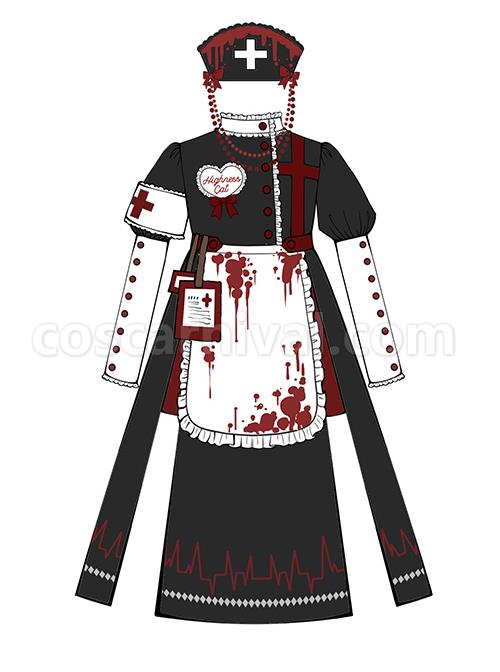 Scarlet Cross Series OP Long Style Blood Printing Halloween Nurse Gothic Lolita Long Sleeve Dress coscarnival