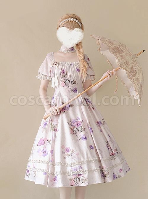Sen-Department-Fresh-Small-Square-Neck-Rose-Pattern-Print-White-Bubble-Short-Sleeve-Slim-Fit-Classic-Lolita-Dress-coscarnival-4448