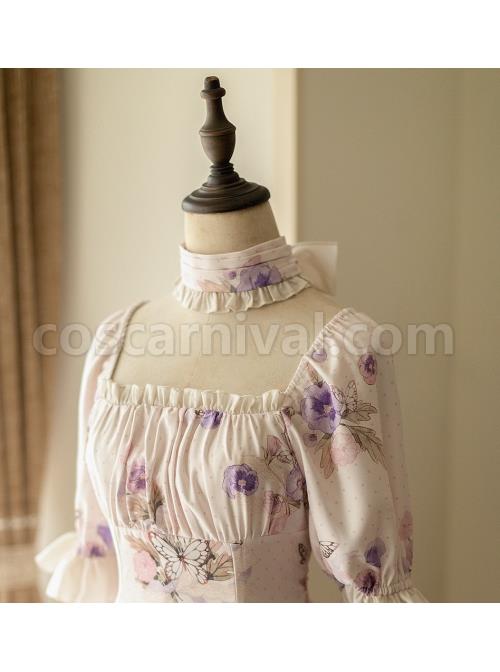 Sen-Department-Fresh-Small-Square-Neck-Rose-Pattern-Print-White-Bubble-Short-Sleeve-Slim-Fit-Classic-Lolita-Dress-coscarnival-4457