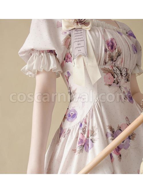 Sen-Department-Fresh-Small-Square-Neck-Rose-Pattern-Print-White-Bubble-Short-Sleeve-Slim-Fit-Classic-Lolita-Dress-coscarnival-4465