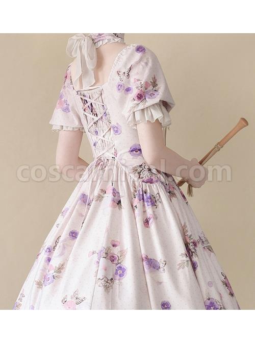 Sen-Department-Fresh-Small-Square-Neck-Rose-Pattern-Print-White-Bubble-Short-Sleeve-Slim-Fit-Classic-Lolita-Dress-coscarnival-4471