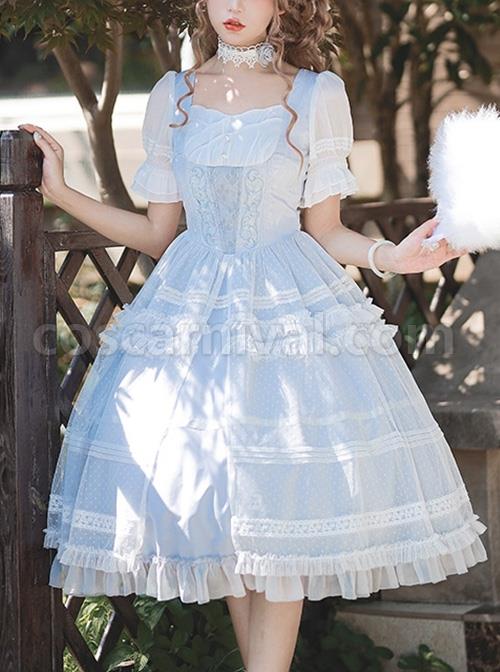 Shell-Wind-Chime-Series-Elegant-Square-Neck-Lily-Of-The-Valley-Embroidered-Polka-Dot-Yarn-Hem-Classic-Lolita-Short-Sleeved-Dress-coscarnival-2227