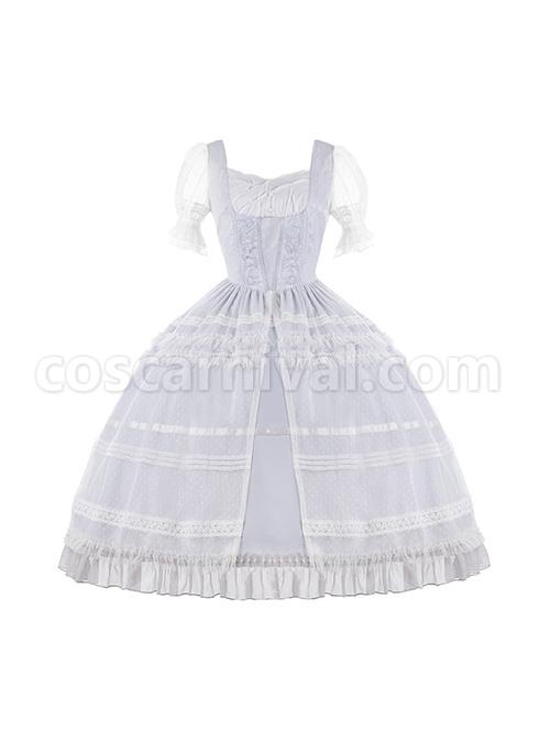 Shell-Wind-Chime-Series-Elegant-Square-Neck-Lily-Of-The-Valley-Embroidered-Polka-Dot-Yarn-Hem-Classic-Lolita-Short-Sleeved-Dress-coscarnival-2233