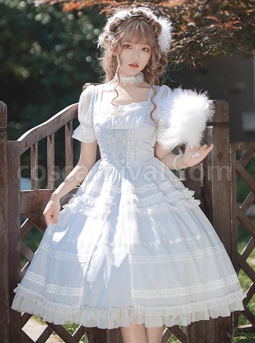 Shell-Wind-Chime-Series-Elegant-Square-Neck-Lily-Of-The-Valley-Embroidered-Polka-Dot-Yarn-Hem-Classic-Lolita-Short-Sleeved-Dress-coscarnival-2240