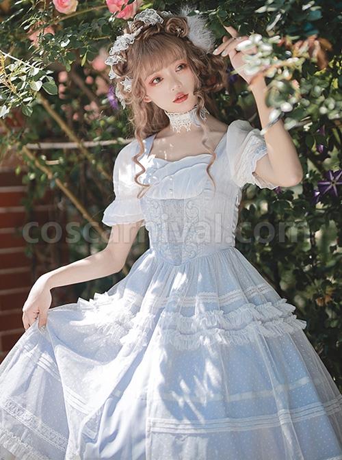 Shell-Wind-Chime-Series-Elegant-Square-Neck-Lily-Of-The-Valley-Embroidered-Polka-Dot-Yarn-Hem-Classic-Lolita-Short-Sleeved-Dress-coscarnival-2247