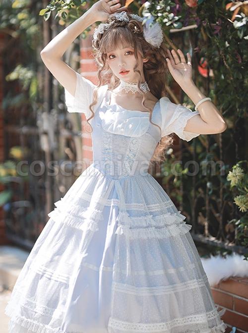 Shell-Wind-Chime-Series-Elegant-Square-Neck-Lily-Of-The-Valley-Embroidered-Polka-Dot-Yarn-Hem-Classic-Lolita-Short-Sleeved-Dress-coscarnival-2254