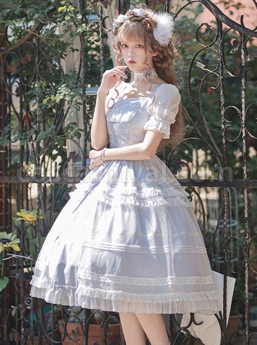 Shell-Wind-Chime-Series-Elegant-Square-Neck-Lily-Of-The-Valley-Embroidered-Polka-Dot-Yarn-Hem-Classic-Lolita-Short-Sleeved-Dress-coscarnival-2259