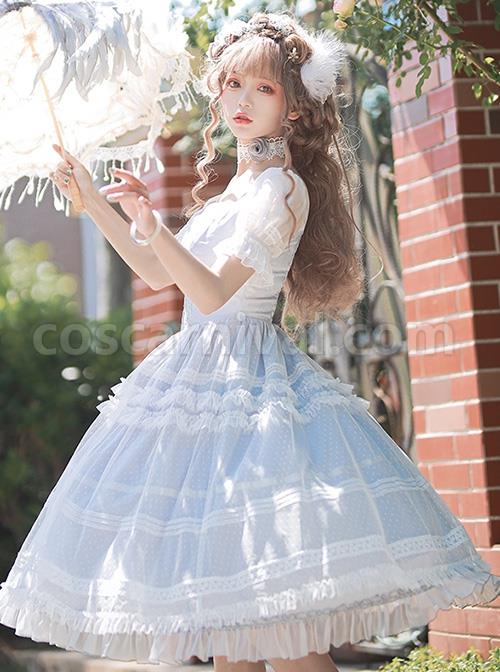 Shell-Wind-Chime-Series-Elegant-Square-Neck-Lily-Of-The-Valley-Embroidered-Polka-Dot-Yarn-Hem-Classic-Lolita-Short-Sleeved-Dress-coscarnival-2267