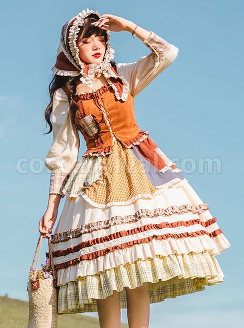 Shepherdess-Series-Nordic-Pastoral-Style-Square-Collar-Lace-Plaid-Hem-Suede-Vest-Splicing-Plaid-Apron-Classic-Lolita-Long-Sleeved-Dress-Suit-coscarnival-4451
