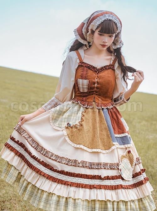 Shepherdess-Series-Nordic-Pastoral-Style-Square-Collar-Lace-Plaid-Hem-Suede-Vest-Splicing-Plaid-Apron-Classic-Lolita-Long-Sleeved-Dress-Suit-coscarnival-4458