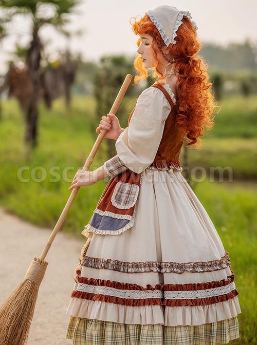Shepherdess-Series-Nordic-Pastoral-Style-Square-Collar-Lace-Plaid-Hem-Suede-Vest-Splicing-Plaid-Apron-Classic-Lolita-Long-Sleeved-Dress-Suit-coscarnival-4469