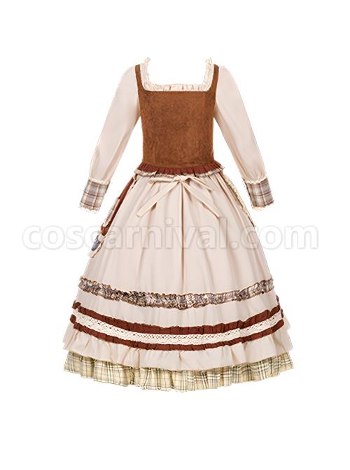 Shepherdess-Series-Nordic-Pastoral-Style-Square-Collar-Lace-Plaid-Hem-Suede-Vest-Splicing-Plaid-Apron-Classic-Lolita-Long-Sleeved-Dress-Suit-coscarnival-4492