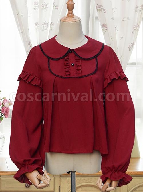 Silent Portrait Series Wine Red Doll Collar Sweet Lolita Ruffle Long Sleeve Shirt coscarnival