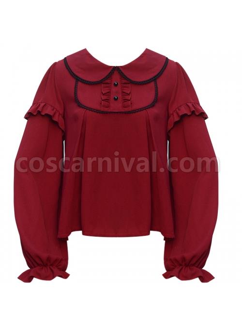 Silent Portrait Series Wine Red Doll Collar Sweet Lolita Ruffle Long Sleeve Shirt coscarnival