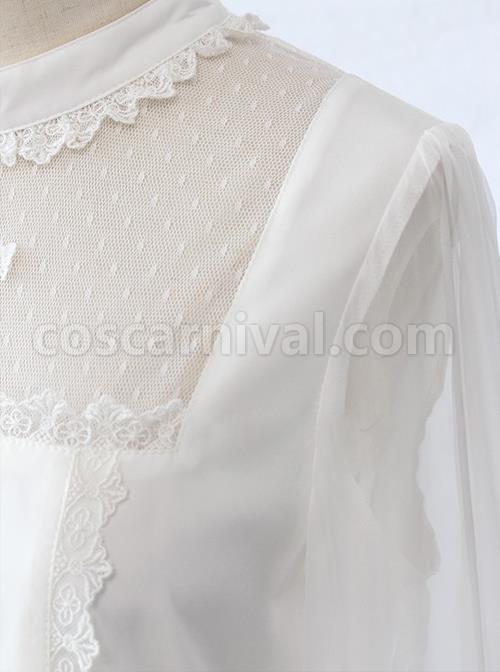 Simple And Elegant Dark Cross Lace Gothic Lolita Ruffle Standing Collar Shirt coscarnival