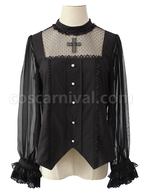 Simple And Elegant Dark Cross Lace Gothic Lolita Ruffle Standing Collar Shirt coscarnival