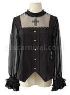 Simple And Elegant Dark Cross Lace Gothic Lolita Ruffle Standing Collar Shirt coscarnival